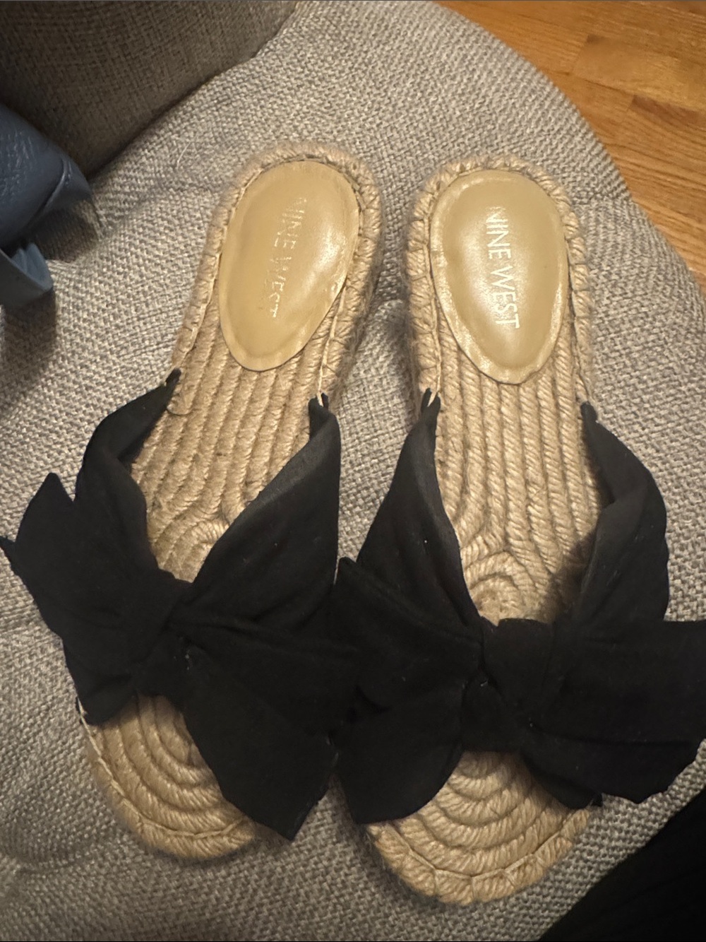 Nine West Black Bow Espadrille Slide Sandals with Woven Sole.